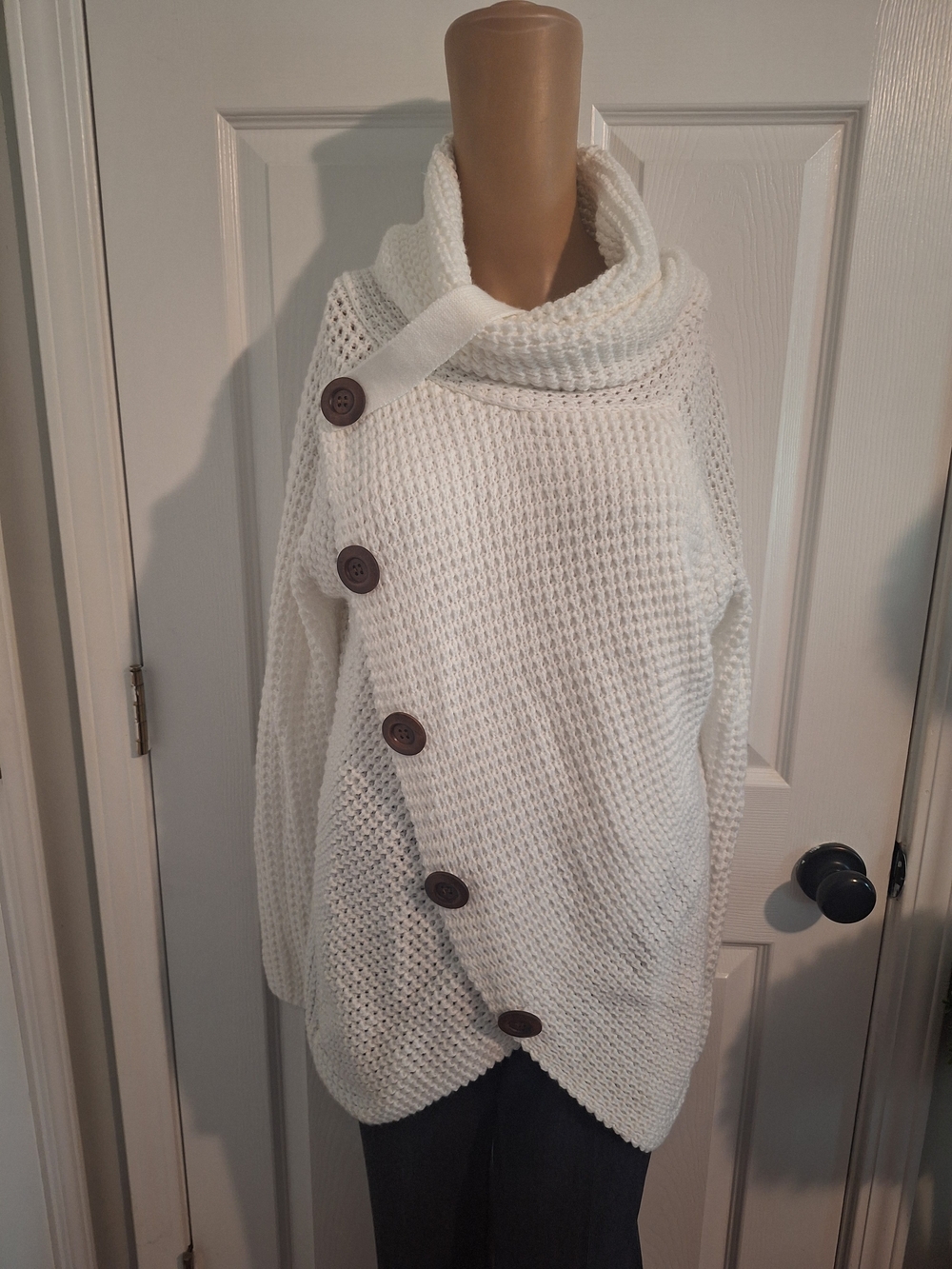 Button-Accent white Knit Sweater